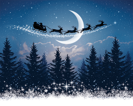 santa claus and his reindeers flying through the night